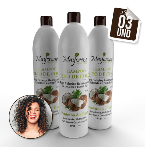 Kit 3 Shampoo Para Cabelo Cacheados Óleo Coco 500ml Maycrene